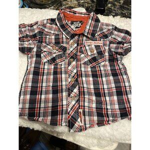 t baby  BOYS ROCK casual button front plaid multi color short sleeve shirt 24 mo